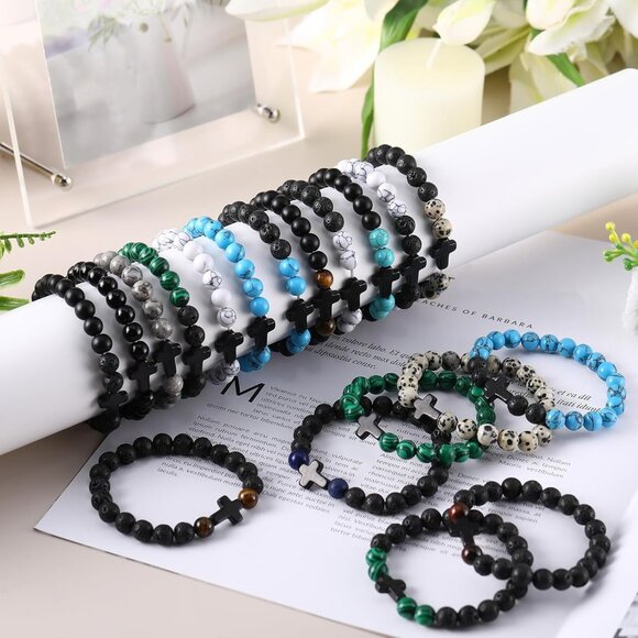24 pcs Unisex Cross Beads Bracelets Natural Stone Stretch for Men Women - Picture 7 of 7